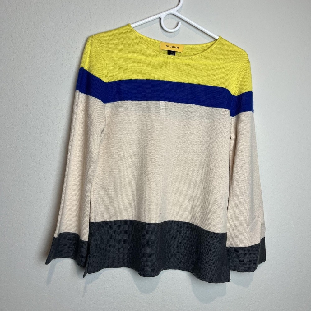 St. John Sweater Womens Medium Multicolor Colorblock Stripe Crewneck Wool Knit